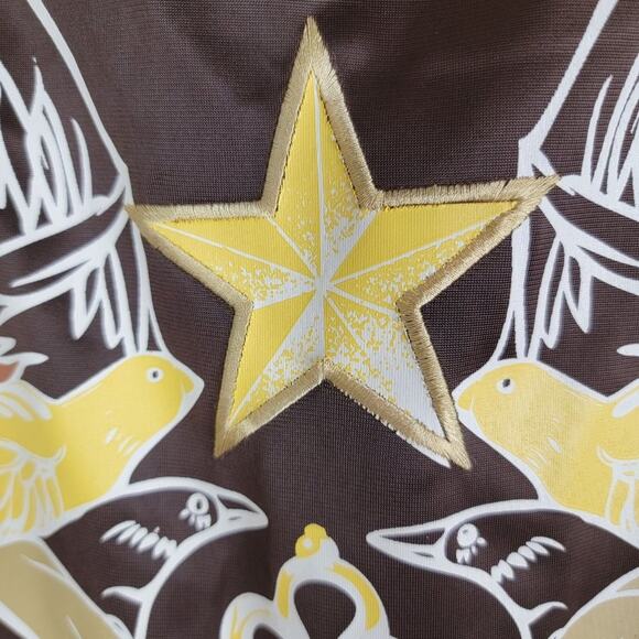 Jinzu Mens Y2K Birds Key Graphic Art Embroidered Bomber Jacket size XL Brown AOP - Picture 10 of 13